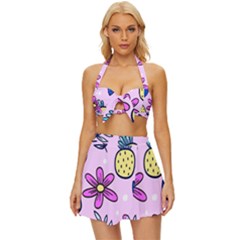 Flowers Purple Vintage Style Bikini Top And Skirt Set 