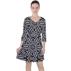 Grid Quarter Sleeve Ruffle Waist Dress