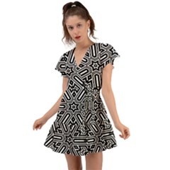 Grid Flutter Sleeve Wrap Dress