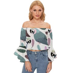 Parrot Off Shoulder Flutter Bell Sleeve Top by nateshop