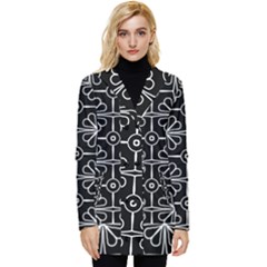 Seamless-pattern Black Button Up Hooded Coat 