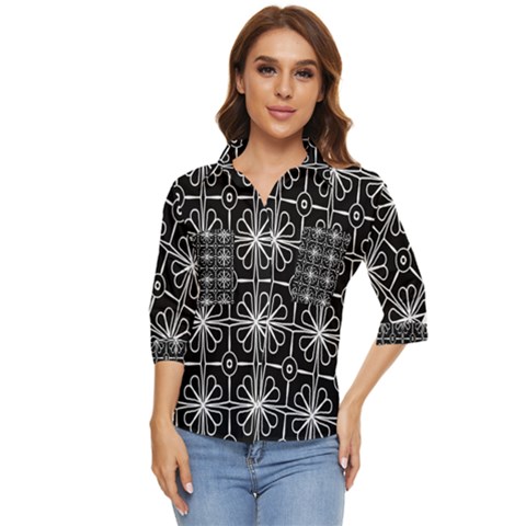 Seamless-pattern Black Women s Quarter Sleeve Pocket Shirt by nateshop