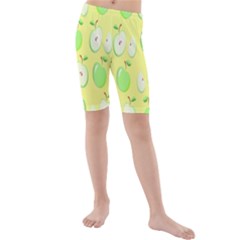 Apple Pattern Green Yellow Kids  Mid Length Swim Shorts by artworkshop