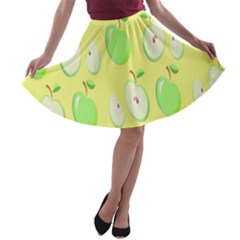 Apple Pattern Green Yellow A-line Skater Skirt by artworkshop