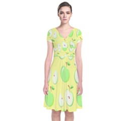 Apple Pattern Green Yellow Short Sleeve Front Wrap Dress by artworkshop
