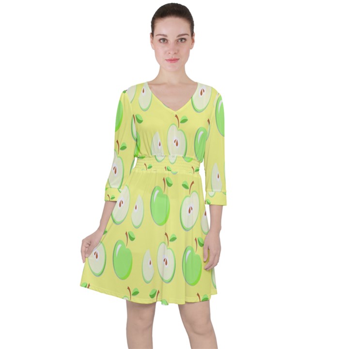 Apple Pattern Green Yellow Quarter Sleeve Ruffle Waist Dress