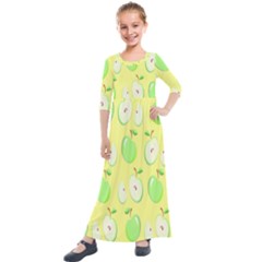 Apple Pattern Green Yellow Kids  Quarter Sleeve Maxi Dress by artworkshop