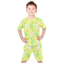Apple Pattern Green Yellow Kids  Tee And Shorts Set by artworkshop