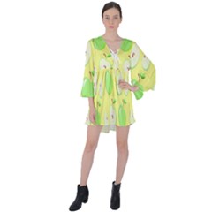 Apple Pattern Green Yellow V-neck Flare Sleeve Mini Dress by artworkshop