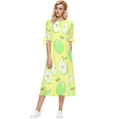 Apple Pattern Green Yellow Bow Sleeve Chiffon Midi Dress