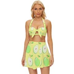 Apple Pattern Green Yellow Vintage Style Bikini Top And Skirt Set  by artworkshop