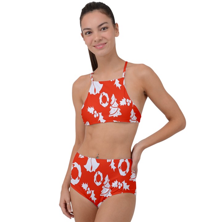 Orange Background Card Christmas  High Waist Tankini Set