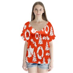 Orange Background Card Christmas  V-neck Flutter Sleeve Top by artworkshop