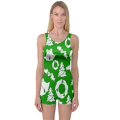 Green  Background Card Christmas  One Piece Boyleg Swimsuit by artworkshop