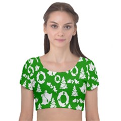 Green  Background Card Christmas  Velvet Short Sleeve Crop Top  by artworkshop