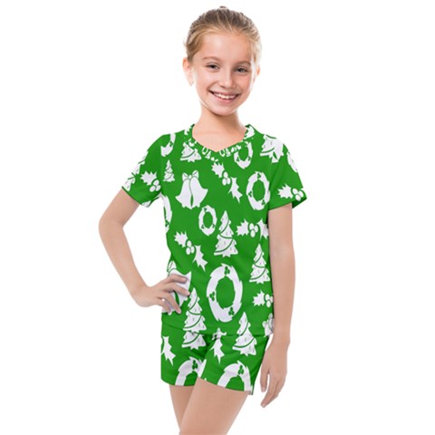 Green  Background Card Christmas  Kids  Mesh Tee And Shorts Set by artworkshop