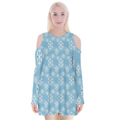 Snowflakes, White Blue Velvet Long Sleeve Shoulder Cutout Dress by nateshop
