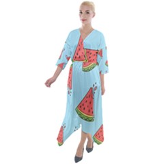 Watermelon-blue Quarter Sleeve Wrap Front Maxi Dress