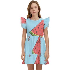 Watermelon-blue Kids  Winged Sleeve Dress