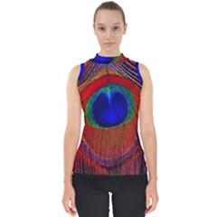 Peacock Plumage Fearher Bird Pattern Mock Neck Shell Top