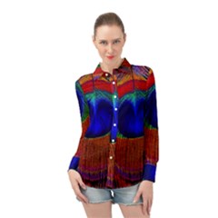 Peacock Plumage Fearher Bird Pattern Long Sleeve Chiffon Shirt