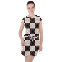 Illustration Checkered Pattern Decoration Drawstring Hooded Dress