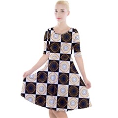 Illustration Checkered Pattern Decoration Quarter Sleeve A-Line Dress