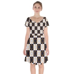 Illustration Checkered Pattern Decoration Short Sleeve Bardot Dress