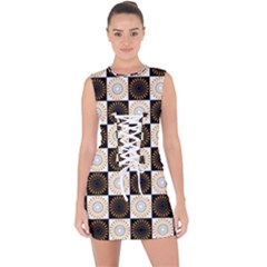 Illustration Checkered Pattern Decoration Lace Up Front Bodycon Dress