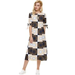 Illustration Checkered Pattern Decoration Bow Sleeve Chiffon Midi Dress