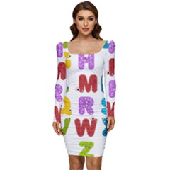 Vectors Alphabet Eyes Letters Funny Women Long Sleeve Ruched Stretch Jersey Dress