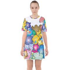 Cats Cartoon Cats Colorfulcats Sixties Short Sleeve Mini Dress