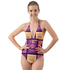 Halloween Cute Cartoon Halter Cut-Out One Piece Swimsuit