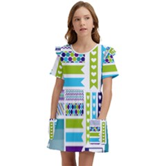 Peacock Pattern Kids  Frilly Sleeves Pocket Dress