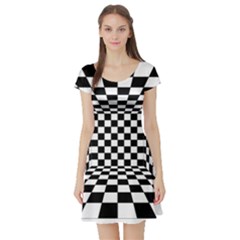 Black And White Chess Checkered Spatial 3d Short Sleeve Skater Dress