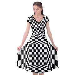 Black And White Chess Checkered Spatial 3d Cap Sleeve Wrap Front Dress