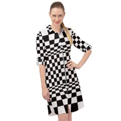 Black And White Chess Checkered Spatial 3d Long Sleeve Mini Shirt Dress by Sapixe