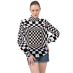 Black And White Chess Checkered Spatial 3d High Neck Long Sleeve Chiffon Top by Sapixe