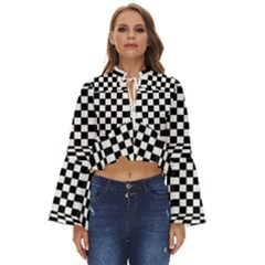 Black And White Chess Checkered Spatial 3d Boho Long Bell Sleeve Top