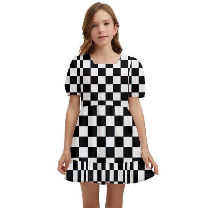 Black And White Chess Checkered Spatial 3d Kids  Short Sleeve Dolly Dress