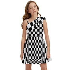 Black And White Chess Checkered Spatial 3d Kids  One Shoulder Party Dress