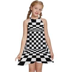 Black And White Chess Checkered Spatial 3d Kids  Halter Collar Waist Tie Chiffon Dress