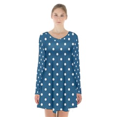 Polka-dots-blue White Long Sleeve Velvet V-neck Dress