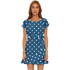 Polka-dots-blue White Puff Sleeve Frill Dress by nateshop