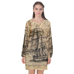 Ship Map Navigation Vintage Long Sleeve Chiffon Shift Dress 