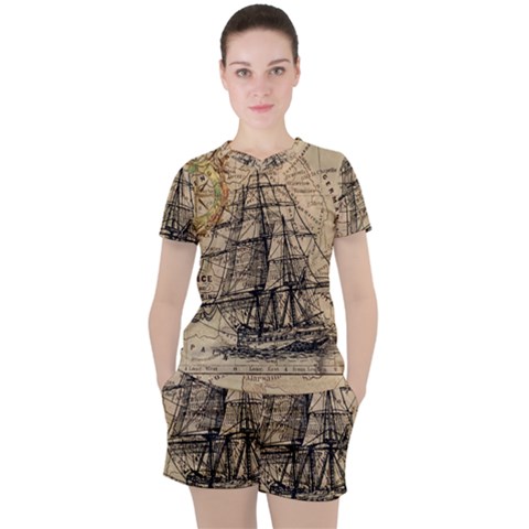 Ship Map Navigation Vintage Women s Tee And Shorts Set by Sapixe