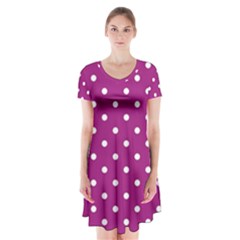 Polka-dots-purple White Short Sleeve V-neck Flare Dress by nateshop