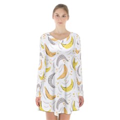 Seamless Stylish Pattern-with-fresh-yellow-bananas-background Long Sleeve Velvet V-neck Dress by Wegoenart