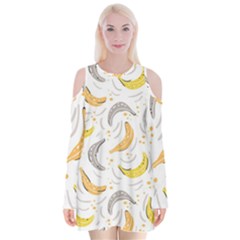 Seamless Stylish Pattern-with-fresh-yellow-bananas-background Velvet Long Sleeve Shoulder Cutout Dress by Wegoenart