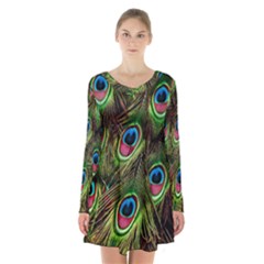 Peacock-army Long Sleeve Velvet V-neck Dress